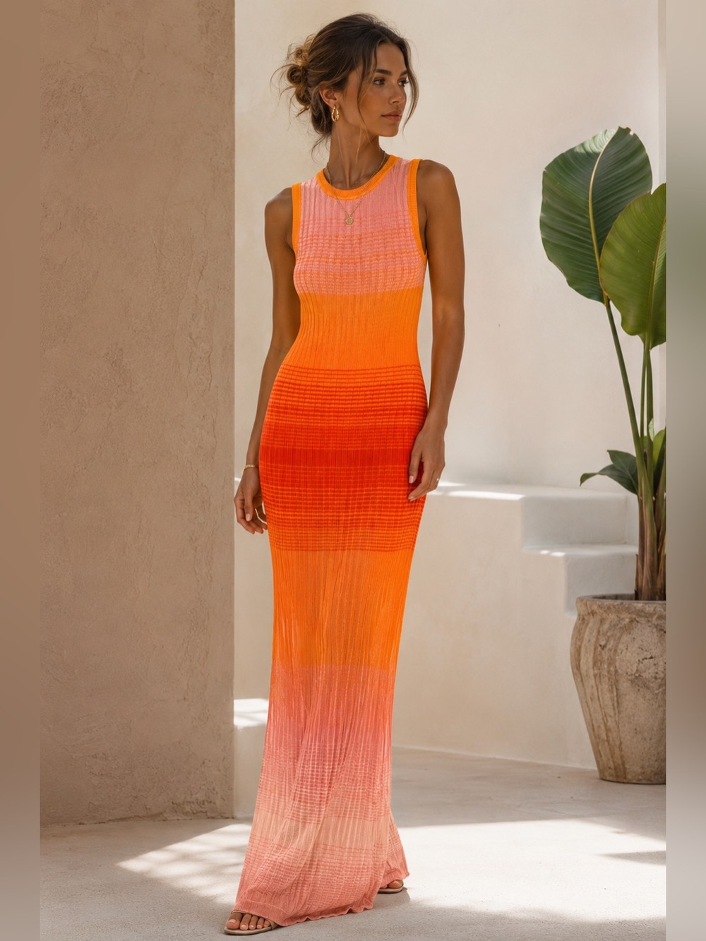 Maje Made in Italy Ombré Knit Maxi Dress Pink Orange Sleeveless Size 42